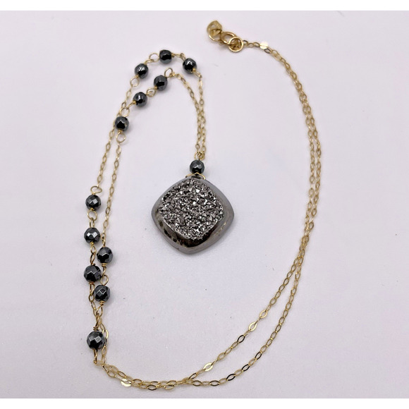 18" 14K Yellow Gold Necklace Hematite Druzy & beads - 3 Grams Signed - Picture 1 of 11